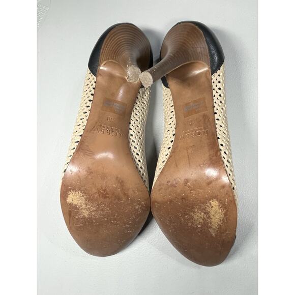J Crew Leather Heels Womens 10 Perforated Cut Out Beige Black Stiletto Cap Toe - Picture 11 of 12